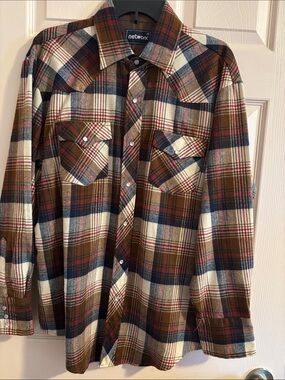 Men's Plaid Button-Down Shirt in Brown, Navy & Cream